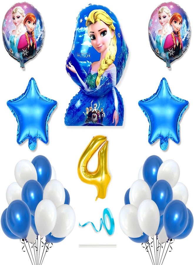 Flyloons 4th Frozen Theme Birthday Decorations Kit Blue White for 4 year Old Baby Boys Girls Kids 5 Pcs Elsa Anna Theme 30 Pcs Metallic Balloons Decoration Set Items 2 Pcs Blue Star - Image 1
